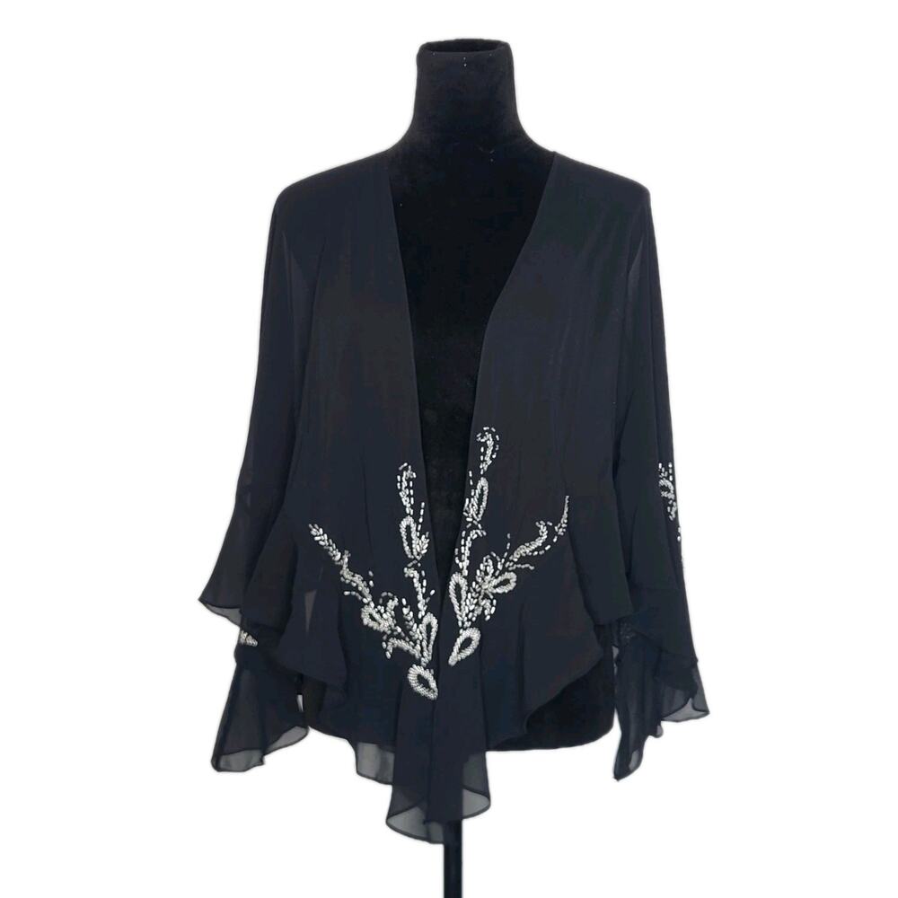 Alex Evenings Black Sheer Beaded Triangle Shawl Ruffle Hem Formal Wrap 66x25x25